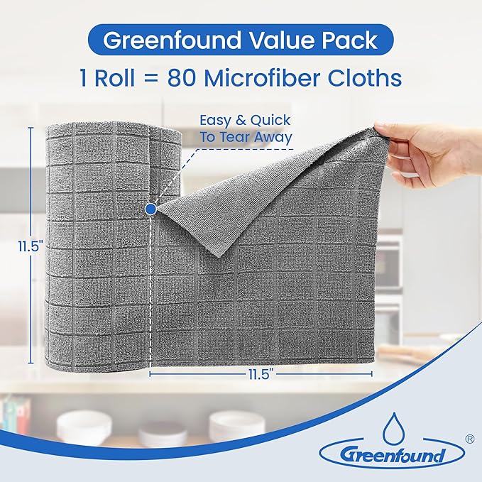 Greenfound Microfiber Cleaning Cloth Roll -80 PackTear Away Towels for CarReusable Paper Towels WashableSuper AbsorbentLint Free Cleaning Rags for HouseKitchenWindow-11.5×11.5(Check Grey)