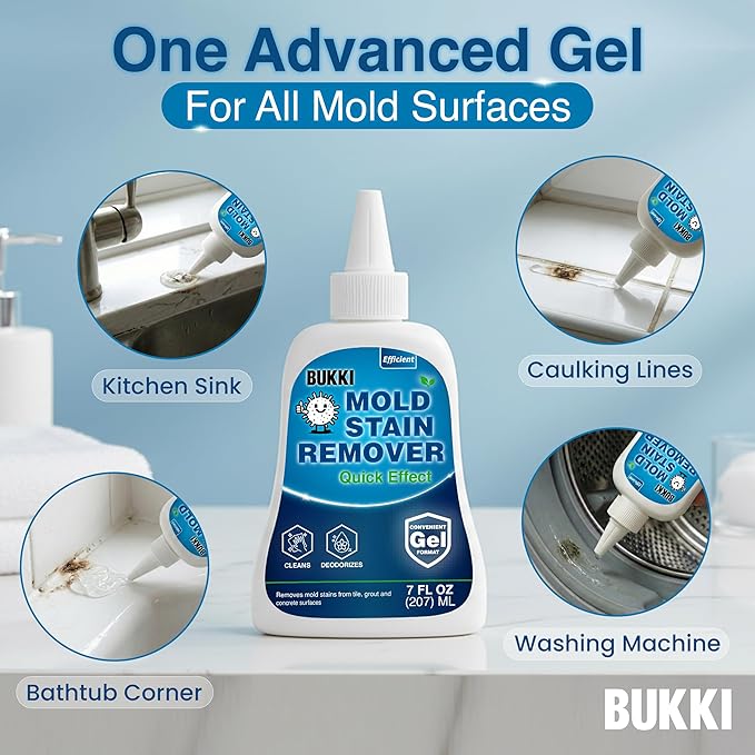 BUKKI Mold Stain Remover Gel 150g 7 FL OZ Thick Cleaning Gel for Shower Grout Washer Seals Walls Caulk Bathroom Stain Cleaner and Stain Support Surface Gel