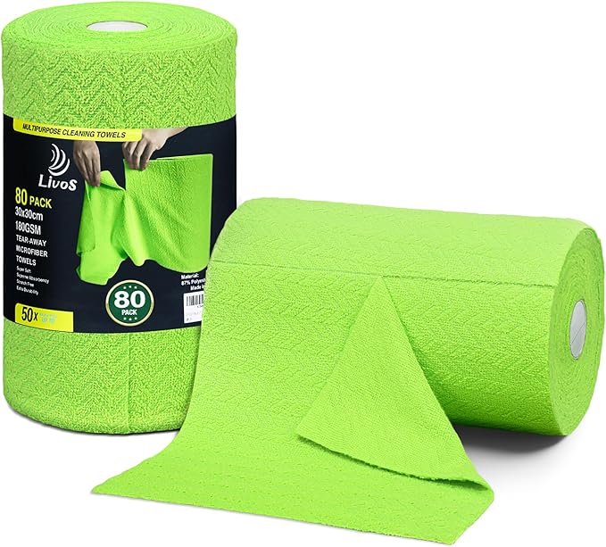 LIVOS Microfiber Cleaning Cloth Roll - 80 Pack Reusable Paper Towels Microfiber Towels for Cars Super Absorbent Lint Free Cleaning Rags for House Kitchen Window-Wave Green 11.5x11.5