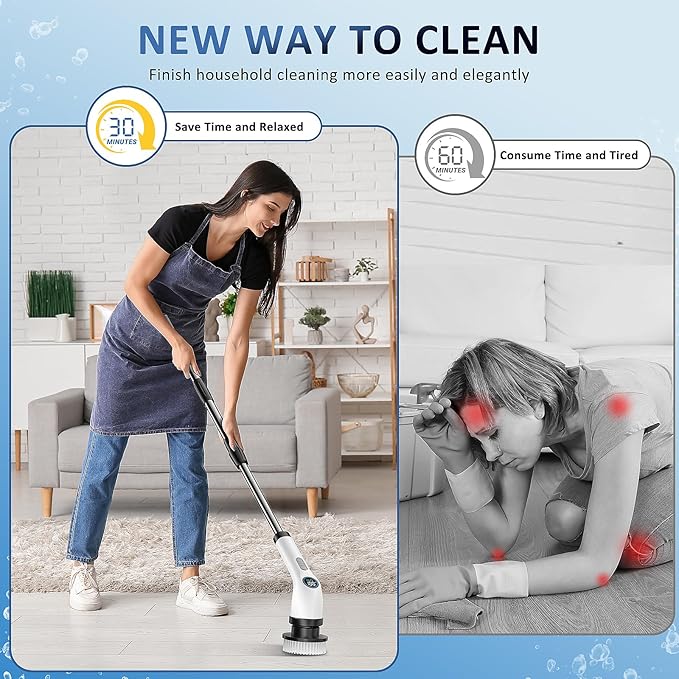 Electric Spin Scrubber Upgraded Battery with Extra-Long Runtime IPX7 Waterproof Power Cleaner with 7 Brush Heads 2 Speeds Adjustable Long Handle for Bathroom Floor Shower Tile &amp Kitchen Clean