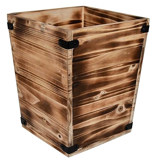 Owlgift Decorative Rustic Burnt Wood Trash Can Farmhouse Stylish Wooden Waste Basket Near Desk Square Garbage Cans Trashcan with Metal Brackets for Office Bedroom &amp Bathroom