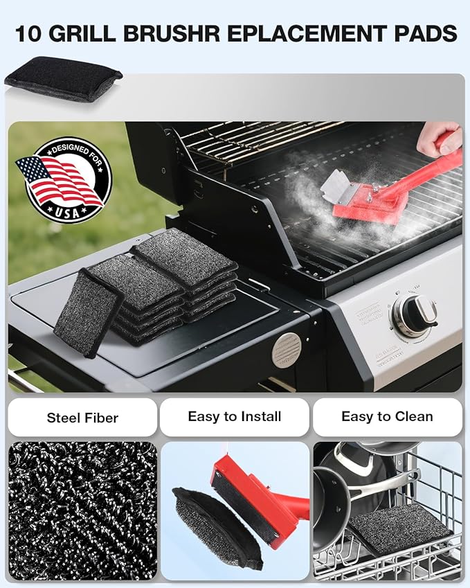Grill Brush Bristle Free Safe Non Metal Wire with Scraper 10 Replacement Heads Steam Grilling Grate Cleaning Tool BBQ Cleaner Accessory Kit Set Outdoor Cast Iron Barbecue/Barbeque Scrubber