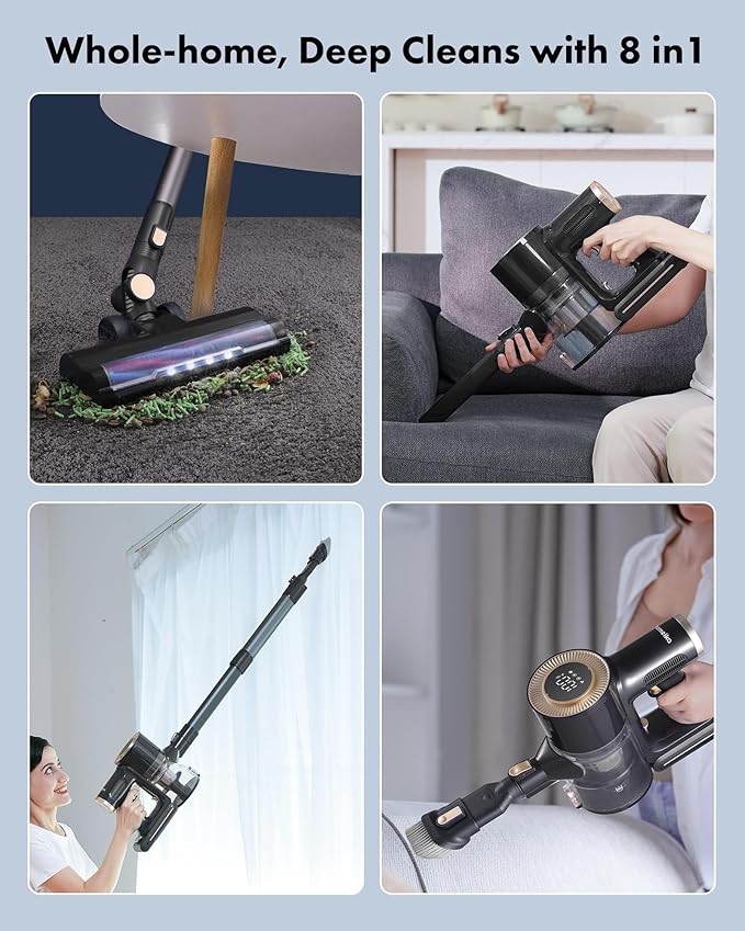 Cordless Vacuum Cleaner 28Kpa Powerful Suction with LED Display 8 in 1 Lightweight Stick Vacuum 50 Min Runtime Detachable Battery 1.5L Dust Cup for Carpet and Hard Floor Pet Hair Black