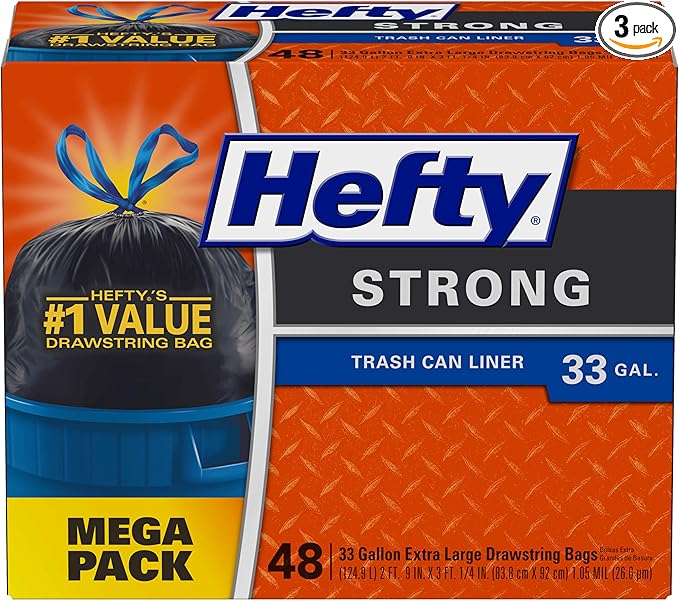Hefty Strong Large Trash Bags 33 Gallon 48 Count (Pack of 3) 144 Total