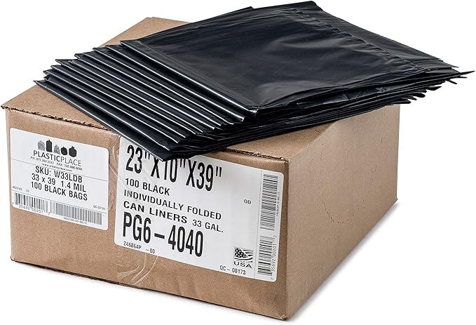 Plasticplace Black Garbage Bags 33x39 33 Gallon 100/Case 1.4 Mil