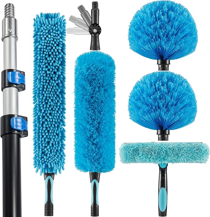15 Foot High Ceiling Fan Duster with 5-8ft Extension Pole Extendable Reusable Cobweb Feather Window Cleaning Squeegee Kit