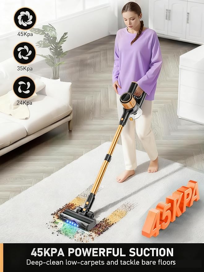 Cordless Vacuum Cleaner 8 in 1 Vacuum Cleaner for Home with LED Display 3 Suction Modes 45mins Runtime Lightweight Stick Vacuum for Home Hardwood Floor Pet Hair Carpet (Orange)