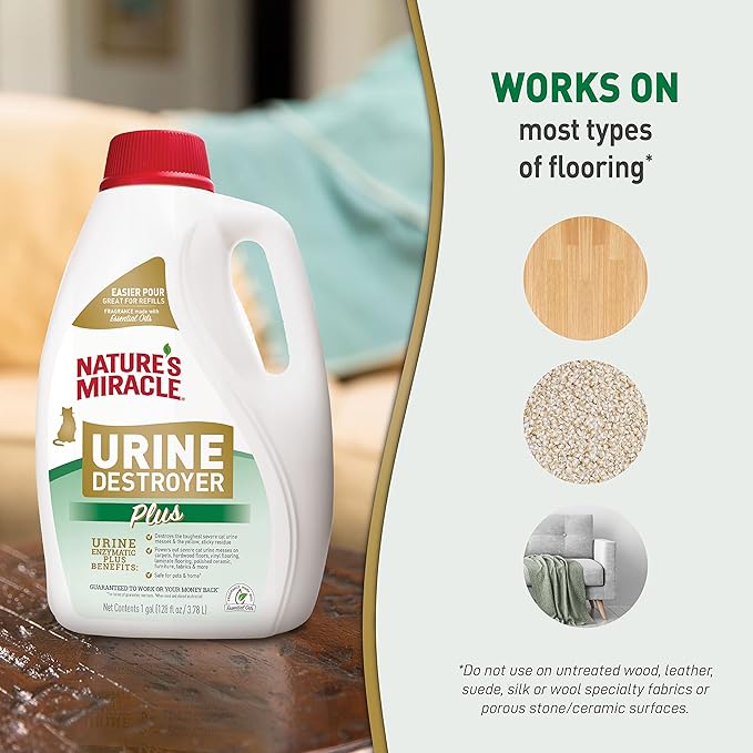 Nature’s Miracle Urine Destroyer Plus for Cats Enzymatic Formula Tough on Strong Cat Urine And The Yellow Sticky Residue 1 Gal