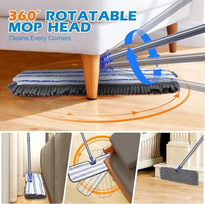 Mops for Floor Cleaning Masthome Flat Dust Mop with 4 Reusable Pads 2-Sided Microfiber Dust Mop for Wet &amp Dry Use Flat Flip Mops for Hardwood Laminate VinylKitchen Tile -1 Scraper