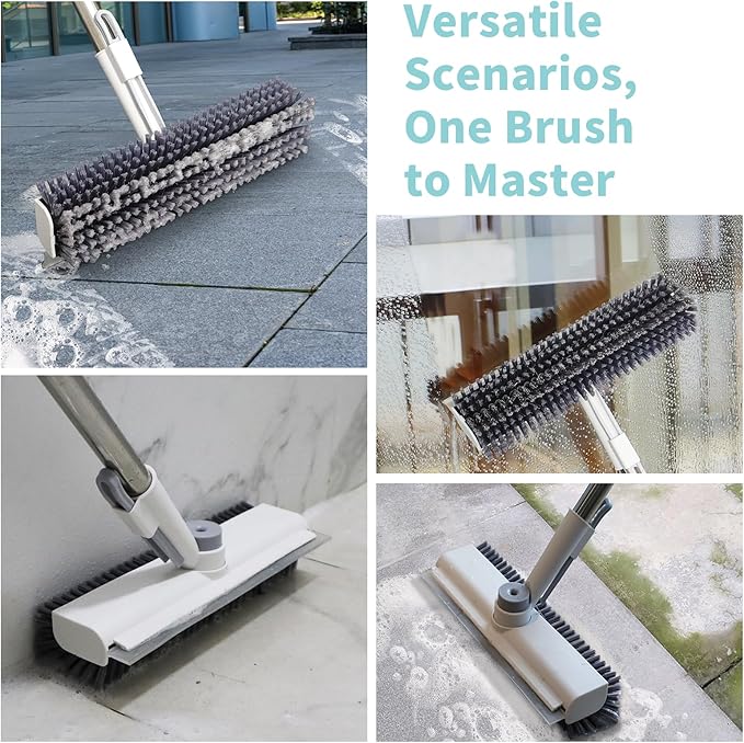 Floor Scrub Brush with Long Handle 3 in 1 Scrape and Heavy-Duty Stiff Bristle Scrubber Brush for Cleaning Shower Bathroom Patio Pool Garage Kitchen Wall and Deck (White 1 Pack)