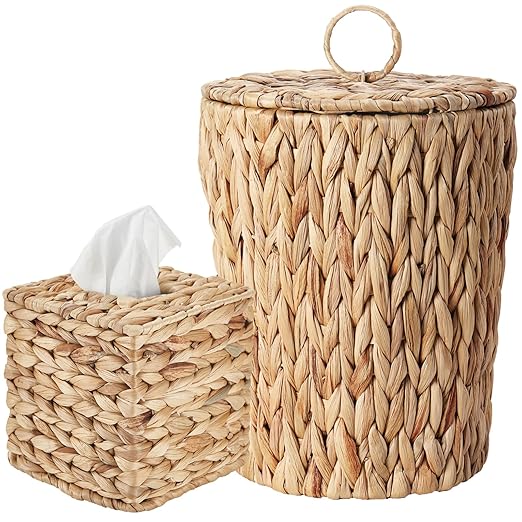 2.6 Gallon Wicker Trash Can with Lid and Square Wicker Tissue Box Cover Boho Decorative Handwoven Water Hyacinth Rattan Bedroom Bathroom Living Room Accessories Decor (Natural)