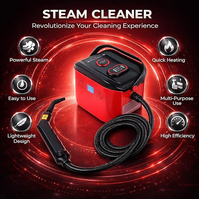 Handheld Pressurized Steam Cleaner Multipurpose Portable High Pressure High Temperature Red - Rapid Heating Effective Grease Removal Ideal for Home and Car Cleaning