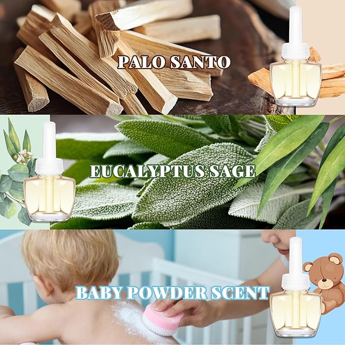 Plug In Air Freshener Refills Palo Santo Eucalyptus &amp Sage Baby Powder Scent - 12 Count 7.92 Fl Oz Fragrance for Home Bathroom Office Compatible with Air Wick &amp Glade Not Include Glad