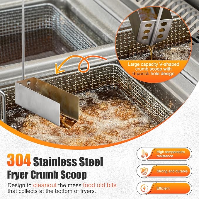 Fryer Cleaning Tool 5 Piece Set Deep Fryer Basket Brush Long Handle L-Shaped &amp Straight Crevice Cleaning Brush Cleanout Rod Kit and V-Shaped Strainer Scoop for Restaurant Kitchen Maintenance