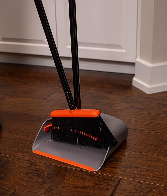BirdRock Home Broom and Dustpan Set - Lobby Dust Pan - Orange and Grey Durable Set - Indoor or Outdoor - Sweep Combo Great for Kitchen Home Garage and Office - Clip On Self Cleaning Bristles