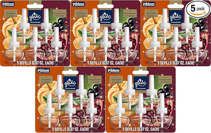 Glade PlugIns Scented Oil Refill 5-Pack Pumpkin &amp Ginger + Pomegranate &amp Currant Fragrance 0.67 fl oz (25 Total Refills) Air Freshener Oil Refills for Plug-In Warmer
