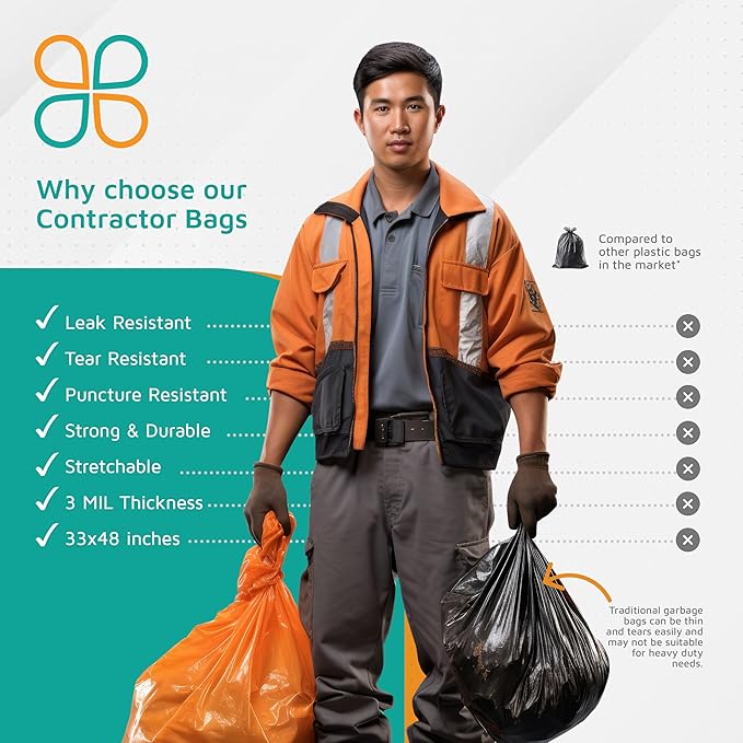 PlasticMill Contractor Bags Heavy Duty - Commercial Industrial Garbage Bags - Orange Construction Trash Bags - Outdoor Garden Trash Bags 42-Gallon 3 Mil 33x48 (50-Count)