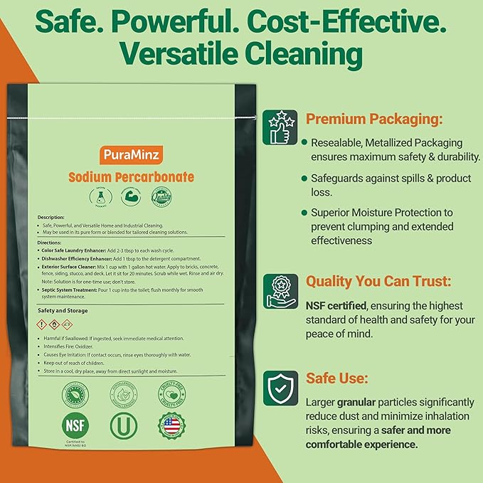 Sodium Percarbonate 99.9% Pure Oxygen Bleach Powder Stain Remover Whitener Non-Chlorine Detergent Booster Fragrance Free Dishwasher Cleaner and Deodorizer 5 lbs (80 oz) Pack of 1