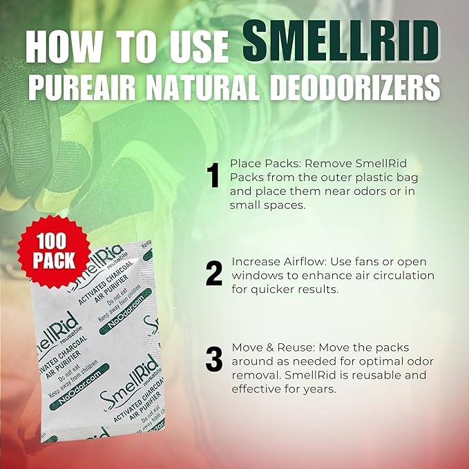 SMELLRID Activated Charcoal Odor Remover That Works [100 Pack] - Mini 5g (2” x 2”) Pack Treats 2 Sq. Ft.- Premium Natural Odor &amp Dampness Absorber Safeguard Stored/Shipped Items