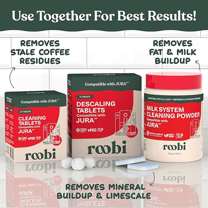 Roobi Jura Compatible Descaling Tablets. 12 Jura Descaling Tablets for Automatic Espresso Coffee Machines. 100% Vegan Carbon Neutral.