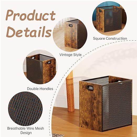 Retro Office Trash Can Iron and Wood Combination Bedroom Garbage Can Rectangular Design Wastebasket with Handle Industrial Style Trash Can for Home Office 4.5 Gallon (Patent Pending)