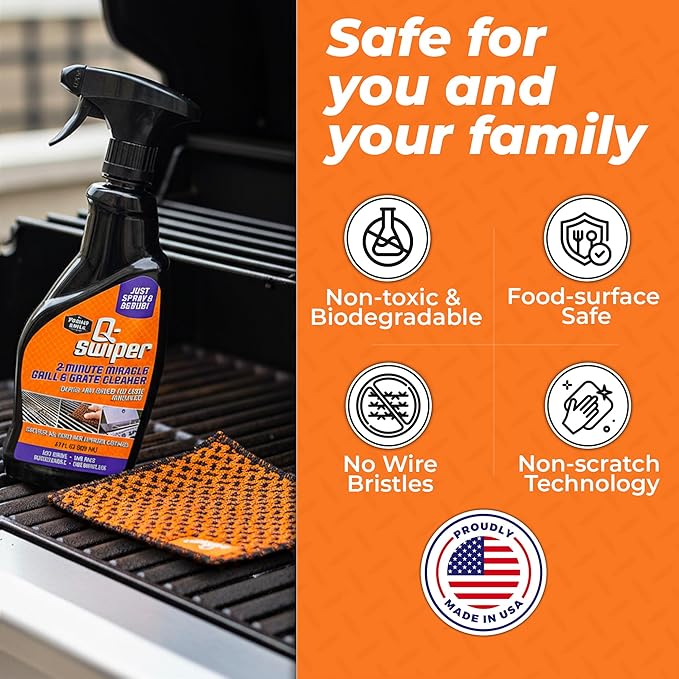 Proud Grill Company Q-Swiper 2-Minute Miracle Grill &amp Grate Cleaner with Scrub Clean Cloth - Degreaser Spray for BBQ Oven Stove Kitchen Tops &amp Surfaces Grate &amp Grease Remover Smoker C