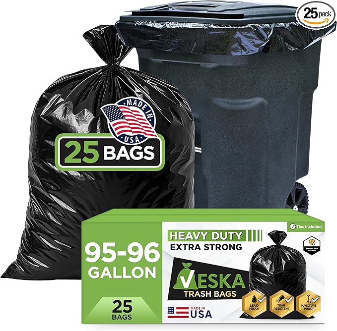 Veska 95-96 Gallon Trash Bags Heavy Duty (ValuePack 25 Bags w/Ties) 100 Gallon Extra Large Trash Bags 90 Gallon 95 Gallon 96 Gallon Heavy Duty Big Garbage Bags