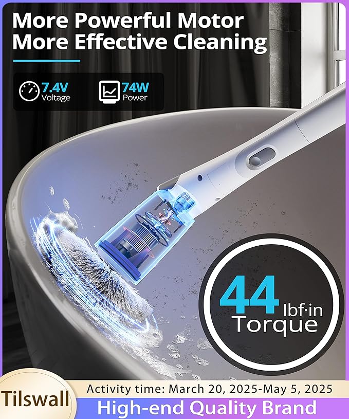 Tilswall Cordless Electric Spin Scrubber - Powered Shower &amp Tile Cleaning Brush with Detachable Handle 2-Speed Modes &amp Extra Battery for Bathroom Tub/Glass/Car Windows