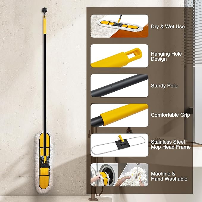 NEWE 24” Commercial Dust Mop Large Dry Dust Push Broom Indoor Wide Floor Duster for Laminate Hardwood Tile Marble (Yellow)