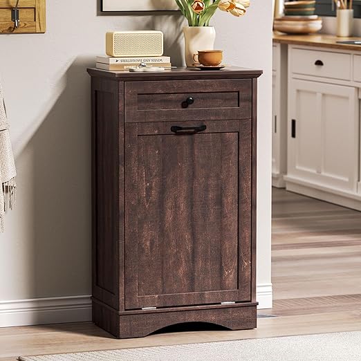 AHB 13 Gallons Tilt Out Trash Cabinet Hidden Trash Can Cabinet Freestanding Garbage Recycling Cabinet with Hideaway Drawer Pet Proof Trash Bin for Kitchen Living Room Brown