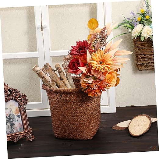 Cabilock Straw Woven Wastebasket Small Practical Waste Paper Basket for Office Home Bedroom with Unique Decorative Design and Open Top for Disposal