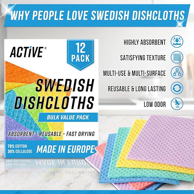 ACTIVE Swedish Dishcloths and Dishwasher Cleaner - Includes 12pk Cellulose Dish Cloths and 24ct Dishwasher Cleaning Tablets