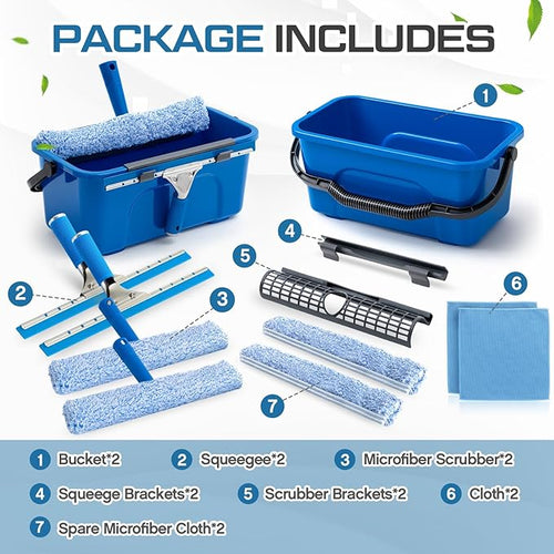 2 Set 14 Pcs Window Cleaning Kit Include 3 Gallon Cleaning Bucket Silicone Squeegee Microfiber Scrubber Cloth All-in-one Window Washing Tools Supplies for Commercial Household Use