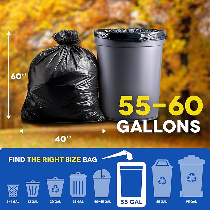 Large Trash Bags 55-60 Gallon | 50 Count Heavy Duty Black Garbage Bags | Unscented Leak Proof Bulk Pack for Office Industrial &amp Commercial Use - Made in USA