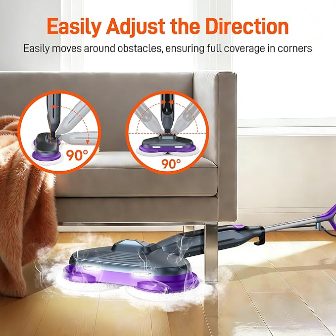 Scrub &amp Steam Mop with Rotating Mop Pads LED Headlights 6 Scrub Pads Large Tank Swivel Steering Effortless Scrubbing Hard Floor Cleaner Upgraded