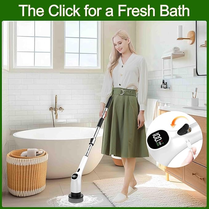 Electric Spin Scrubber Shower Scrubber with Long Handle Adjustable LCD Display 2 Speed Shower Cleaner 7 Replaceable Brush Heads Bathroom Cleaning Brush Bath Tub Power Scrubbers White G3