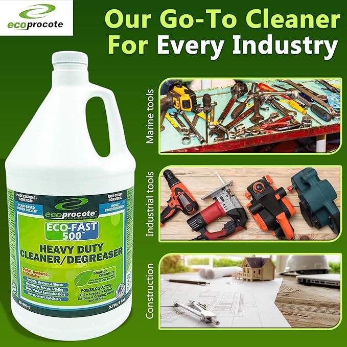 EcoFast 500 New &amp Improved Heavy-Duty Degreaser Cleaner — Non-Toxic Biodegradable Grease Stain Dissolver — Multi Use Concentrate for Kitchen Automotive Floor Wood Fabric Driveway — 1 Gallon