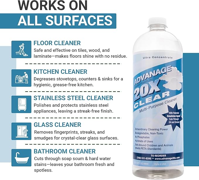 Advanage 20X All Purpose Cleaner Concentrate - The Wonder Cleaner Unscented for All Surfaces Around Bathroom Kitchen Oil and Grease | Multi Purpose Cleaner for Household Cleaning Solution | 32 Fl Oz
