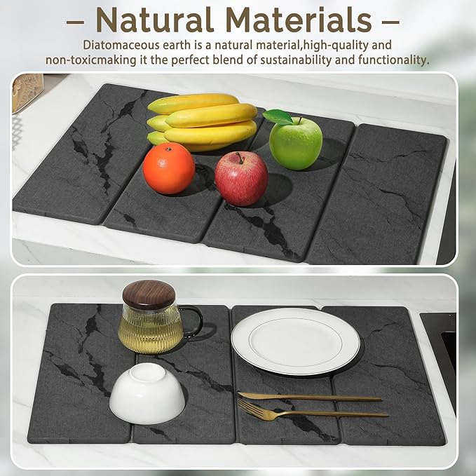 Large Stone Dish Drying Mat for Kitchen Counter 2 PCS Quick Dry Stone Mats Foldable Water Absorbing Diatomaceous Earth Drying Dishes Pad for Countertop Bottles Utensils Cup(Dark gray 24x16&amp8x