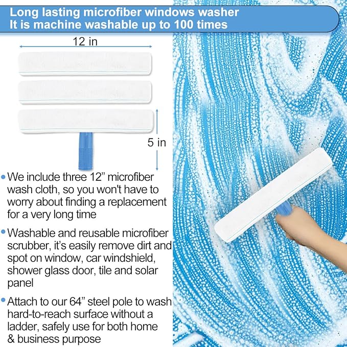 Window Squeegee Washing Kit for High Window Shower Glass Door Mirror Cleaning with 69-inch Extension Pole Extra 14'' Wide Squeegee and 2 Microfiber Scrubbers Included