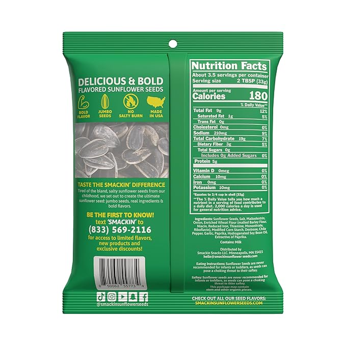 SMACKIN' - Jumbo Roasted Sunflower Seeds No Salty Burn American Made Easy Pour &amp Seal - Sour Cream &amp Onion 4oz bag (12 Bags)