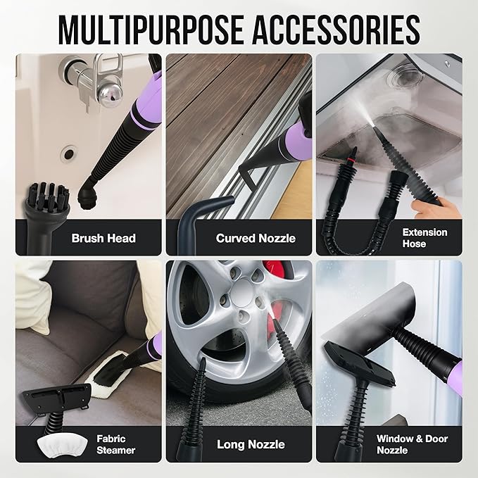 Comforday Multi-Purpose Handheld Pressurized Steam Cleaner with 9-Piece Accessories Handheld Steamer Perfect for Stain Removal Curtains Car Seats Floor Bathroom Window Cleaning (Purple)