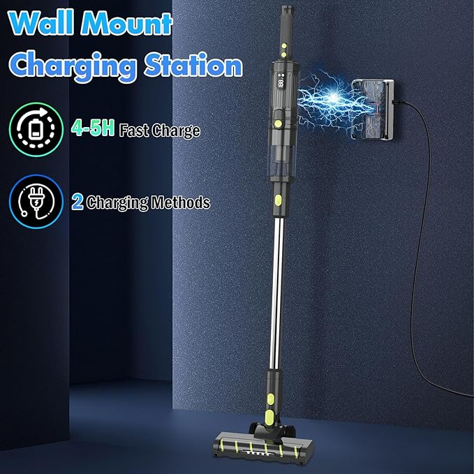CareVac+ Cordless Stick Vacuum 2 x 2500mAh Batteries for 60 Mins Runtime 20kPa Brushless Motor Wall-Mount &amp Direct Charging Lightweight 2.16lbs for Carpets Hard Floors and Pet Hair