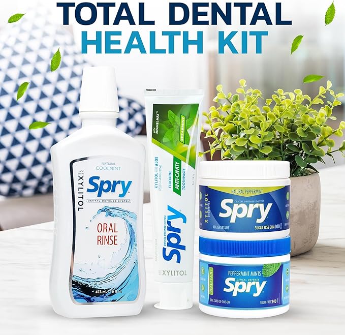 Spry Total Dental Health Kit All Day Oral Care and Gum Health Kit Including Xylitol Sugar Free Gum Candy Mints Oral Rinse and Spearmint Toothpaste