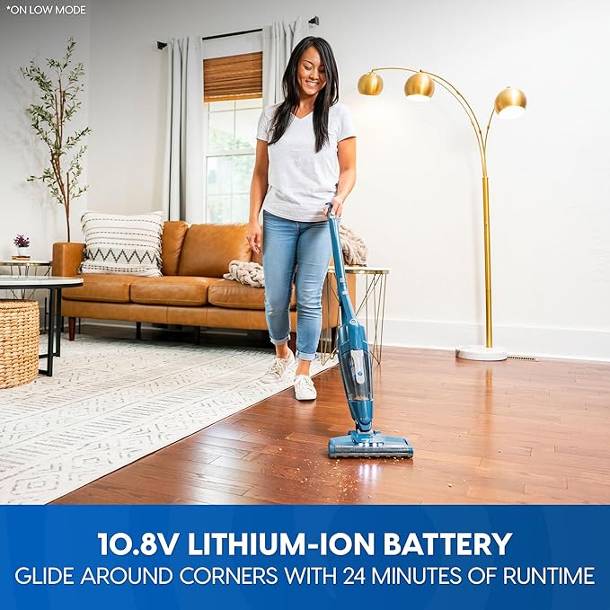 Vacmaster Portable 10.8V 2-in-1 Cordless Stick Lightweight Vacuum Cleaner with 2-Speed Power Control and LED Headlight for Hardwood Floor Carpet &amp Pet Hair Blue
