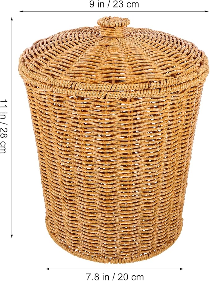 Rattan Waste Basket Wicker Trash Can with Lid Round Trash Bin Woven Storage Basket Clothes Container Laundry Hamper for Bedroom Living Room Bathroom Chocolate
