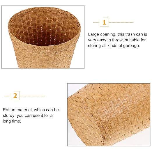 Woven Trash Bin Natural Straw Wastebasket Multi-Function Handwoven Paper Basket for Bathroom Office Desk Storage Organizer
