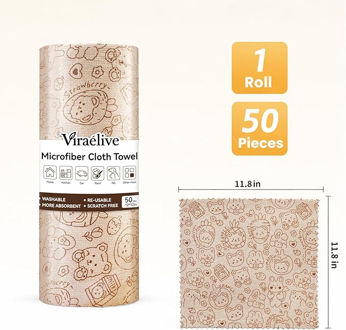Microfiber Cleaning Cloth Roll 50-Count Reusable Durable Washable Absorbent Towels Lint-Free Non-Scratch Dish Rags for Kitchen &amp Housekeeping Car &amp Screen Brown Cute Bear Print 12x12 in