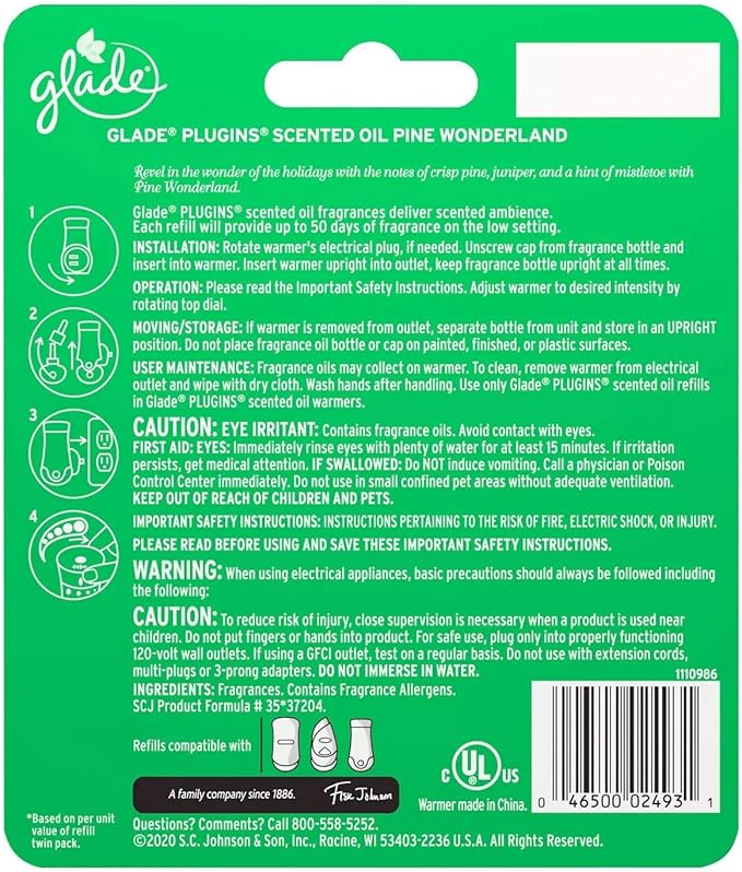Glade Plugins Scented Oil Refill - Pine Wonderland - 1 Count Refill &amp 1 Count Oil Warmer Per Package - Pack of 2 Packages