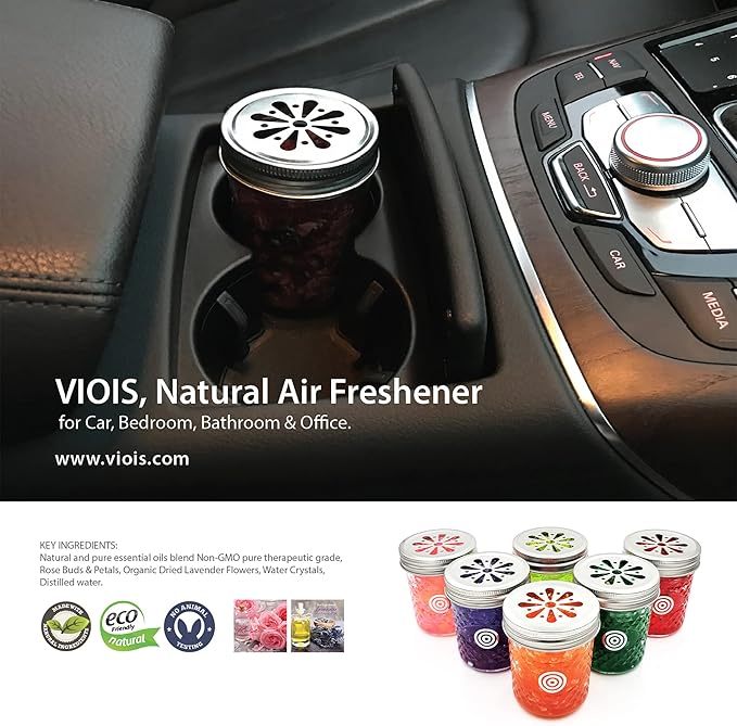 VIOIS Rose &amp Lavender Aromatherapy Car Air Freshener(Gel Type). Handcrafted Natural Air Freshener for Car Bedroom Bathroom &amp Office. Chemical Free &amp Non Toxic. Ball Mason 8 Ounce jar. (